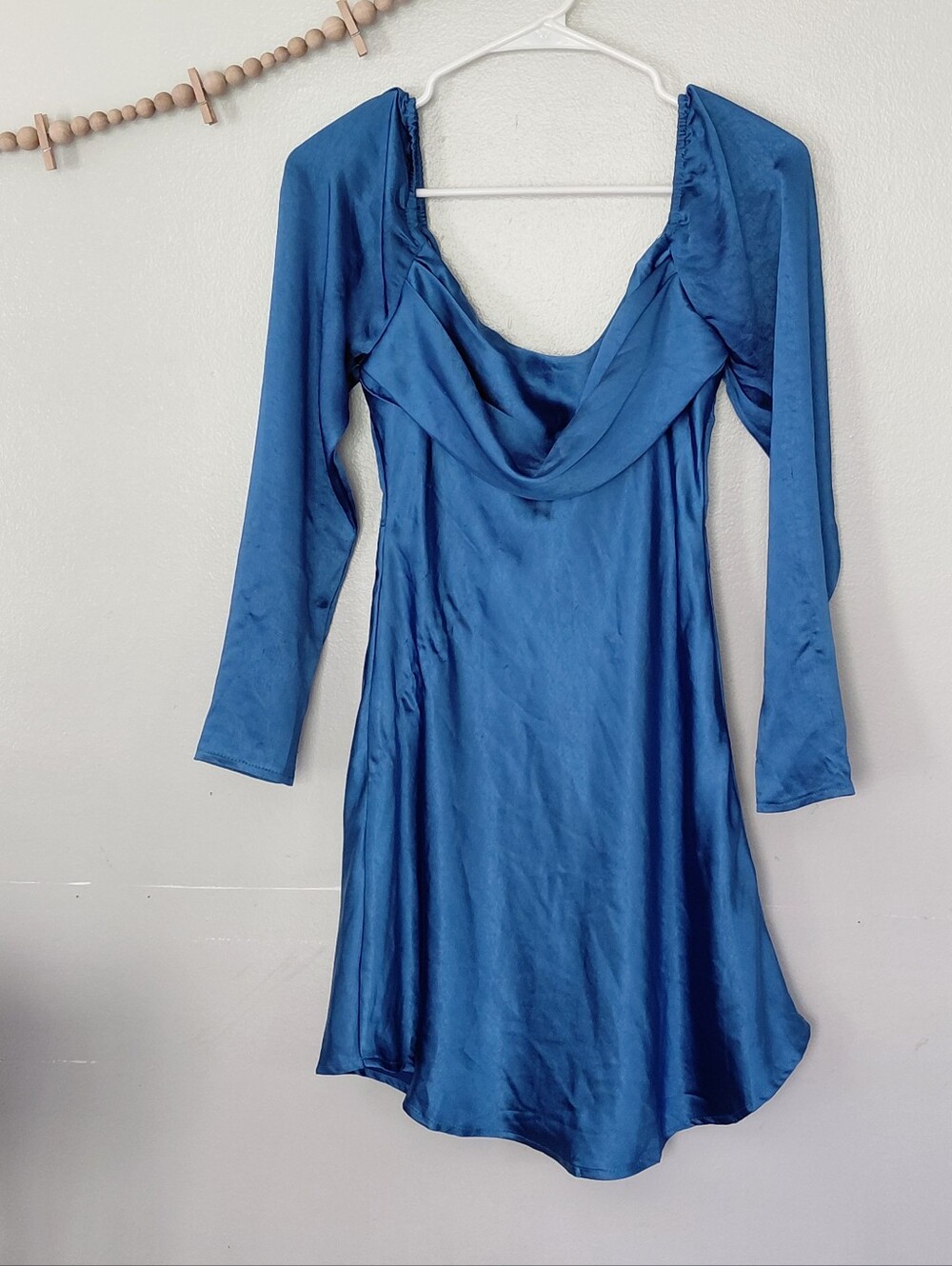 Saints And Secrets Blue Satin Cowl Neck Long Sleeve Formal Mini Dress Elegant